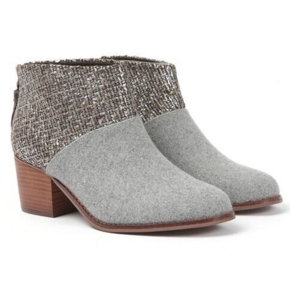 Toms Gray Felt Leila Bootie Ankle Boot Metallic Silver Gray Low Heel Shoe 7.5 W